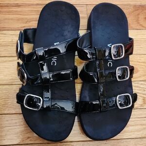 Vionic Misa Black Patent Leather Sandals with Buckles
